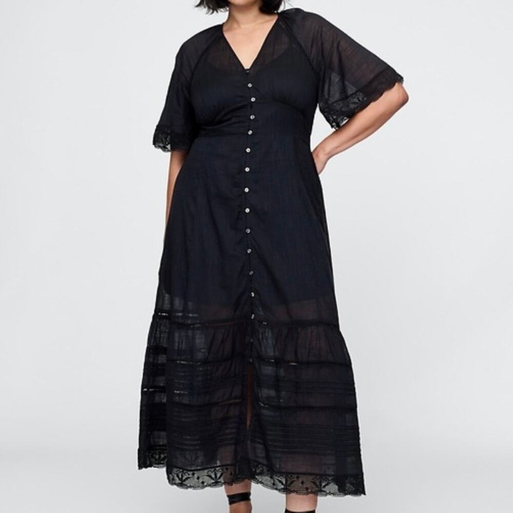 GAP | Black Lace Embroidered Midi Dress Flutter Sleeves‎ Eyelet Trim Ruffle | XL